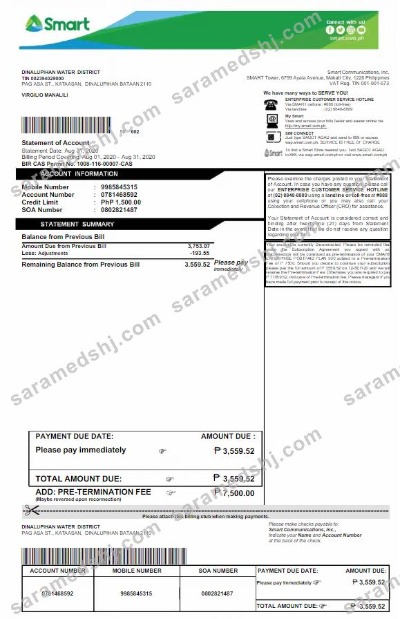 PHILIPPINES SMART utility bill Word and PDF template